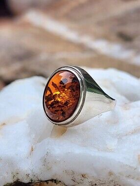 Amber Vintage Ring Sterling Silver 925 Baltic Honey Cognac Natural Amber Jewelry